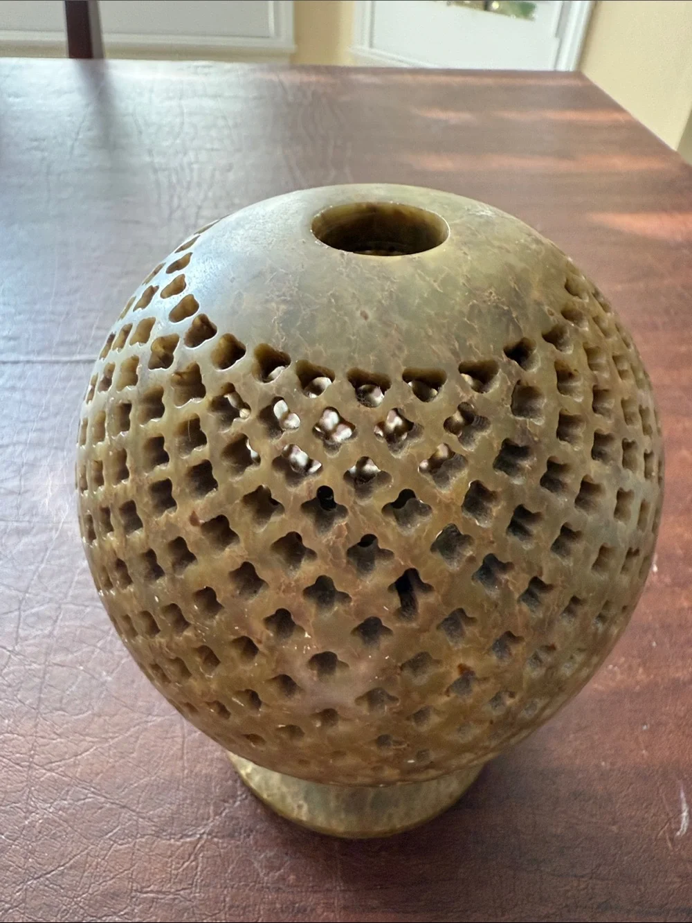 Hand Carved Soapstone Tea Light Holder Jali Spherical Past Reflections; 6” T